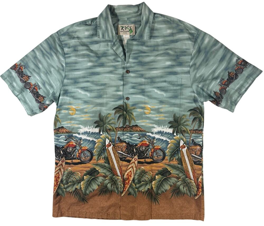 Vintage 90s KY's Hawaiian Button Down Shirt Men's Large Surfboard Motorcycle USA